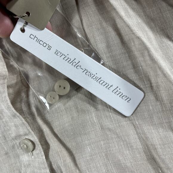 CHICOS SHIRT WOMENS 2 BEIGE NO IRON LINEN LOOP BACK TUNIC NWT NEW BUTTON UP TOP - Picture 4 of 9